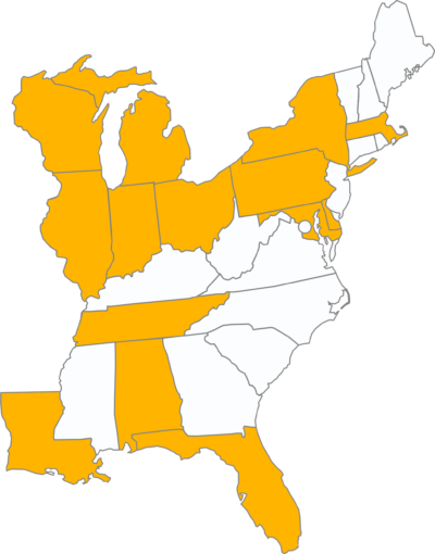 Available States Map of Eastern US with highlighted states that we work in